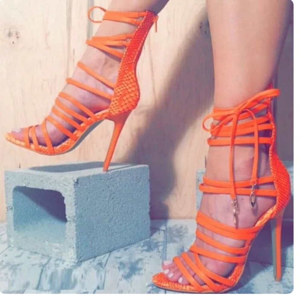 FSJ Women's Orange Gladiator Strappy Sandals Zipper Stiletto Heels Dress Shoe